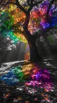 Colorful light rays through tree.