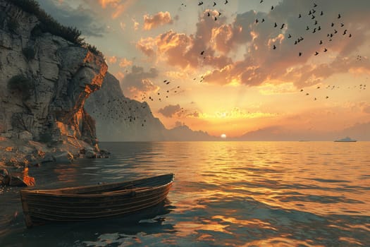 A boat is floating in the ocean near a rocky shore. The sky is orange and the sun is setting. There are many birds flying in the sky