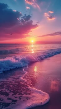 Vibrant sunset over the ocean with dramatic clouds and reflective shoreline