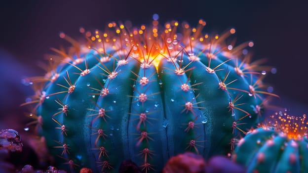 Close-up of a cactus with glowing water droplets