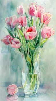 A painting depicting a bouquet of pink tulips placed in a simple vase. The vibrant pink petals of the tulips stand out against a neutral background, creating a focal point in the composition.