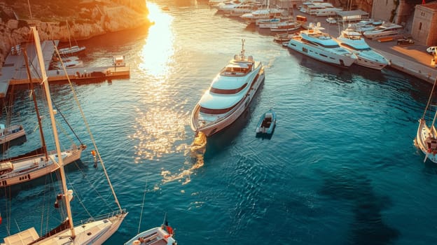 A boat is sailing in the water with other boats in the background. The sun is setting, creating a beautiful and serene atmosphere