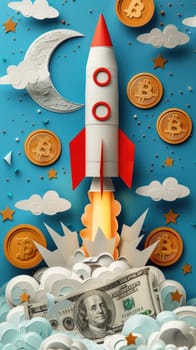 Minimalist paper cutout illustration of rocket is launching, coin and dollar bill