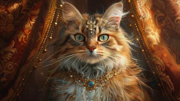 Majestic long-haired cat adorned with elegant jewelry