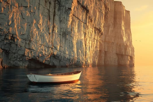 A small boat is floating in the ocean near a large rock wall. The sun is setting, casting a warm glow over the scene. Scene is peaceful and serene, as the boat