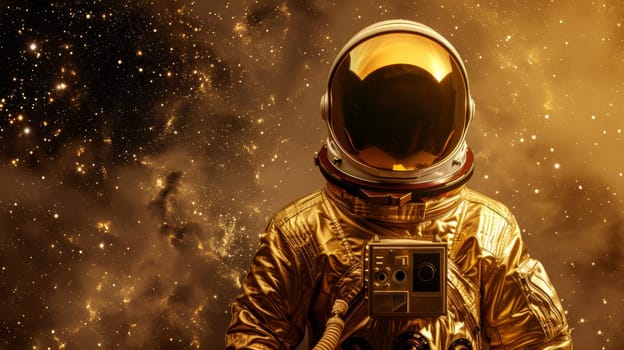 Astronaut in Gold Space Suit on Golden Background.