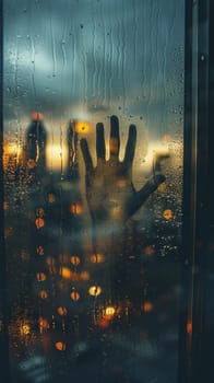 Hand pressing against a foggy window with city lights in the background