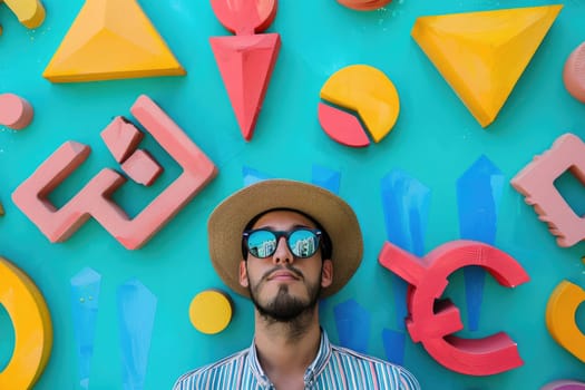 A man with a hat and sunglasses is surrounded by various shapes and colors