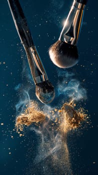 Makeup brushes with golden powder explosion on dark blue background