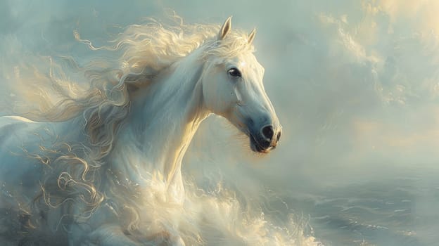 Majestic white horse in a mystical cloudy atmosphere