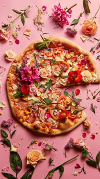 Pizza topped with flowers on pink background.