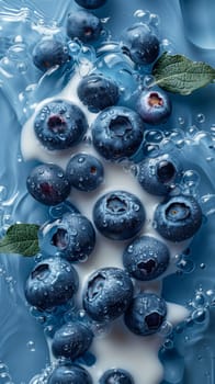 Fresh blueberries and creamy yogurt placed in a clear bowl filled with water. The blueberries float on the surface while the yogurt swirls and mixes with the water, creating a unique and refreshing snack or dessert.