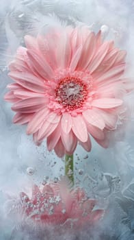 Pink gerbera flower with frost.