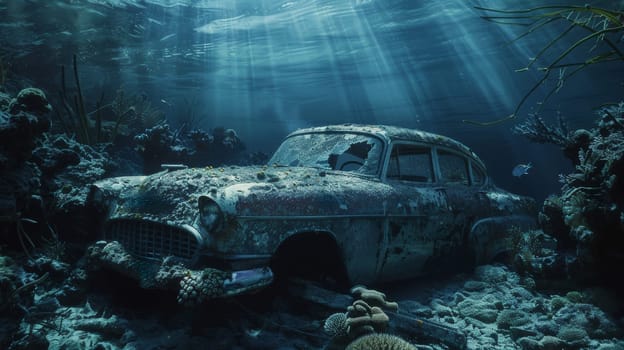 Underwater rusty old car surrounded by marine life