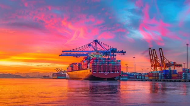 Cargo ship dwarfs colorful container cranes as it enters a bustling international port at sunrise