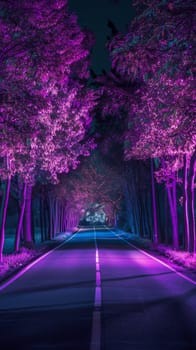 Neon-lit road surrounded by pink and purple illuminated trees at night