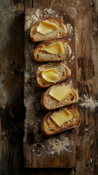 Several slices of bread topped with cheese are arranged neatly on a wooden cutting board. The cheese is melting slightly, indicating warmth and freshness.