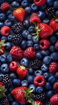 Raspberries, blueberries, and strawberries are meticulously arranged in a pattern, showcasing a colorful and vibrant display of fresh fruits.