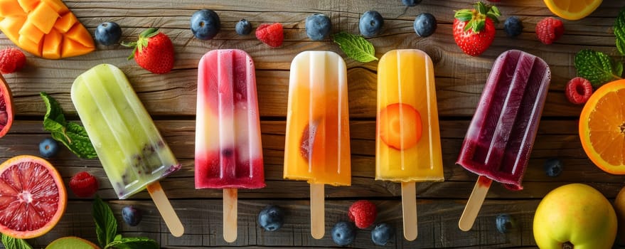 Assorted fruit popsicles on wooden background.