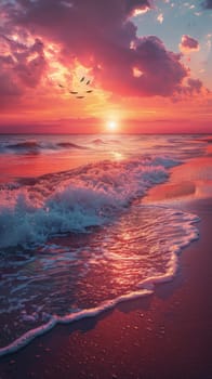 Sunset over the ocean with vibrant sky and flying birds