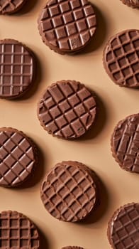 A detailed view of delicious chocolate cookies arranged neatly on a wooden table, showcasing their rich brown color and tempting texture. The cookies are placed on a white plate, highlighting their appetizing appearance and inviting aroma.