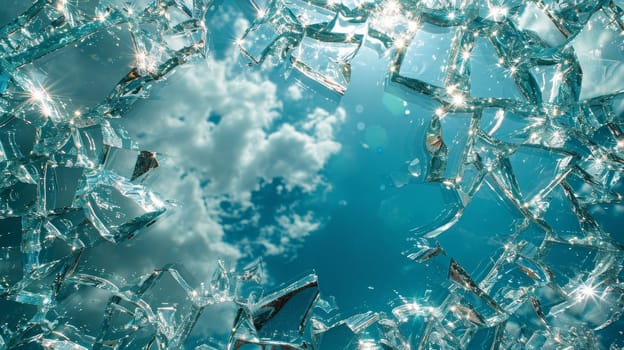 Shattered glass with sky reflection.