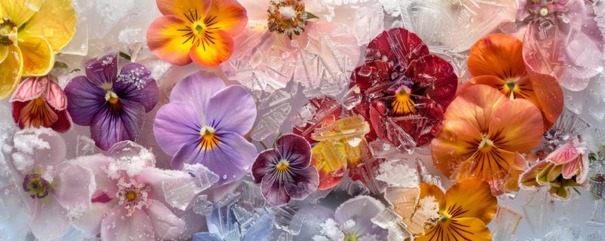 A variety of vibrant and colorful flowers arranged neatly on top of a wooden table indoors. The flowers are showcased in full bloom, displaying their petals and various hues in the light.