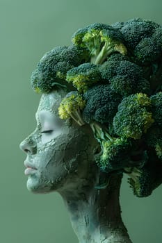 A woman adorned with a mask on her face and broccoli in her hair, resembling a living sculpture blending art with natural foods and the visual arts of a wild cabbageinspired fictional character