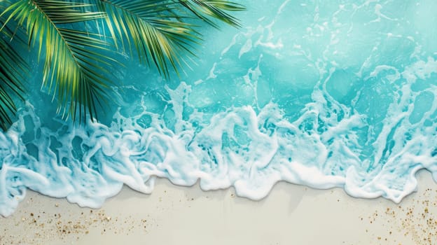 Tropical beach with turquoise ocean waves and palm leaves