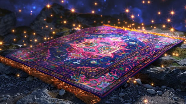 Magical flying carpet hovering over rocky terrain at night