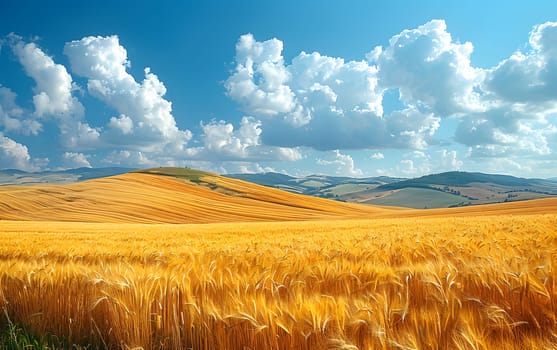 A picturesque scene of a vast field of wheat surrounded by majestic mountains under a blue sky with fluffy clouds, creating a breathtaking natural landscape