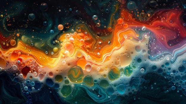 Swirling bubbles of color dance across an abstract background.
