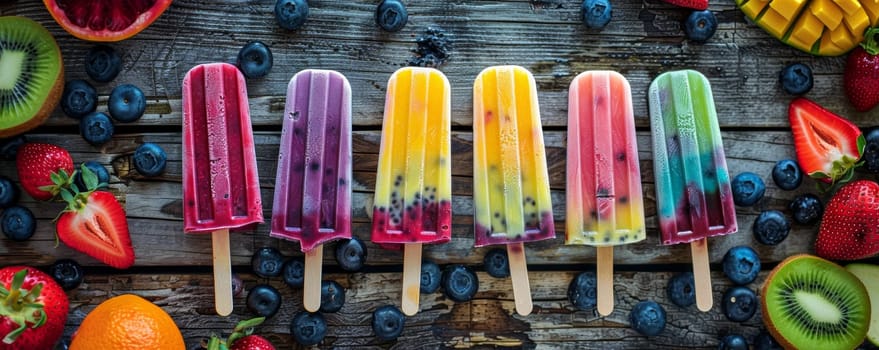 Assorted fruit popsicles on wooden background.
