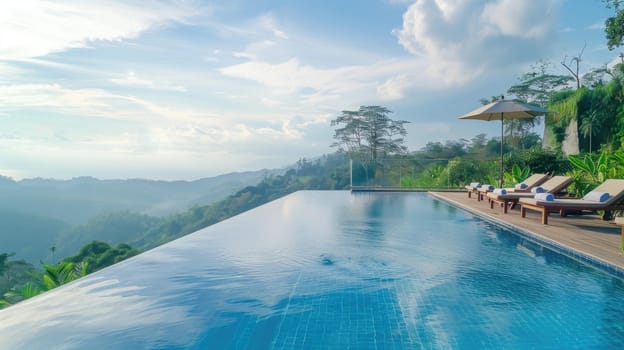 A wide shot of an infinity pool overlooking a stunning landscape, like mountains or the ocean