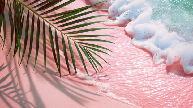 Palm leaf on pink sandy beach with foamy waves
