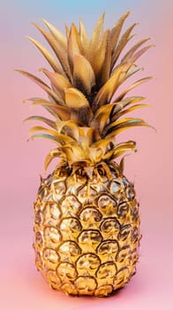 A close-up view of a ripe pineapple against a vibrant pink background. The intricate details of the pineapples textured skin and unique crown are highlighted in this shot.