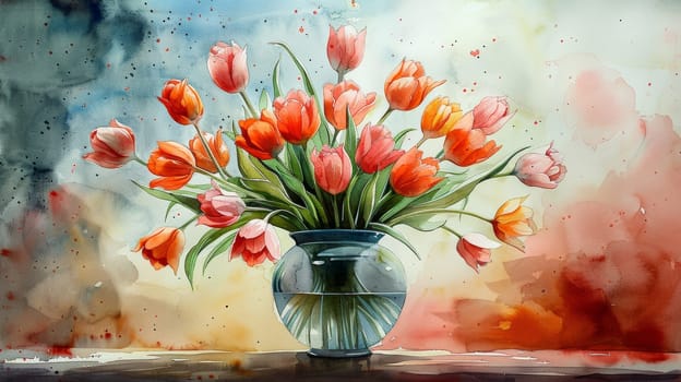 A detailed painting of a vase overflowing with various colorful flowers, such as roses, daisies, and tulips. The intricate brushstrokes capture the vibrant hues and delicate petals.