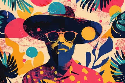 A man with a hat and sunglasses is surrounded by various shapes and colors