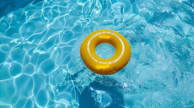Yellow inflatable ring floating in a blue swimming pool