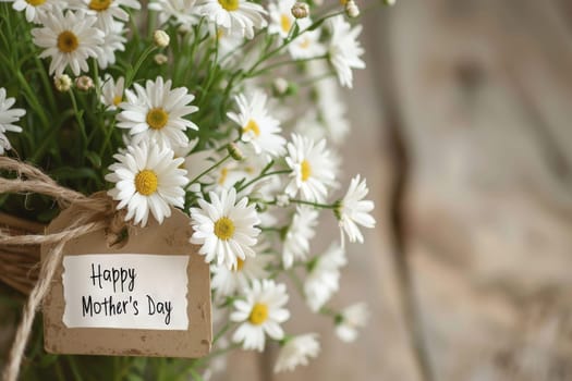 A bouquet of white flowers with a tag that says Happy Mother's Day.