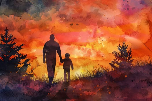 A man and a child are walking together in a field at sunset. father day concept. ai generative.
