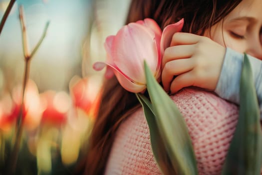 A woman is hugging a child and there are pink flowers in the background.