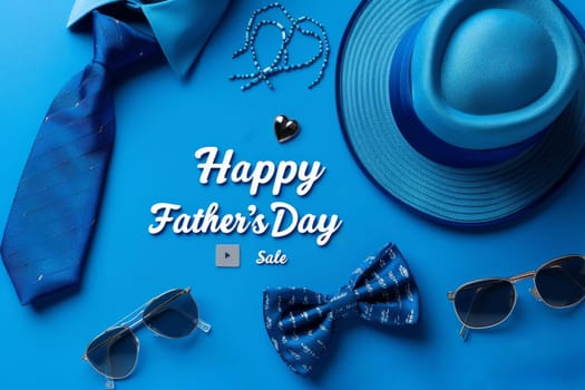 A blue background with a tie, sunglasses. father day sale concept.ai generative.