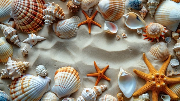 Variety of seashells and starfish on sandy beach