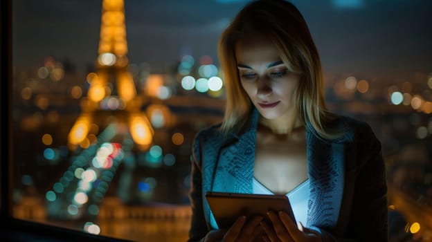 A woman is looking at a tablet in a city at night.