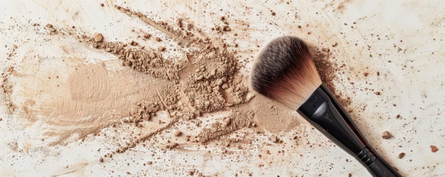 Makeup brush with scattered beige powder on white background