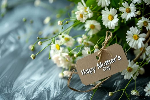A bouquet of white flowers with a tag that says Happy Mother's Day. The flowers are arranged in a vase and are placed on a table