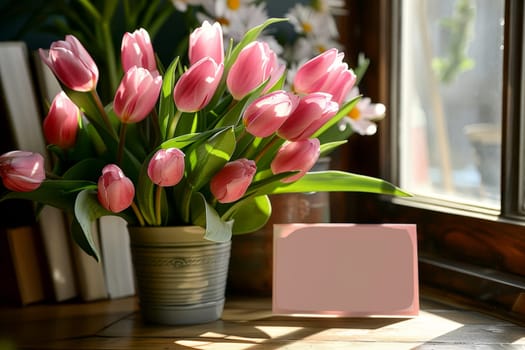 A vase of pink tulips sits on a table next to a card.ai generative.