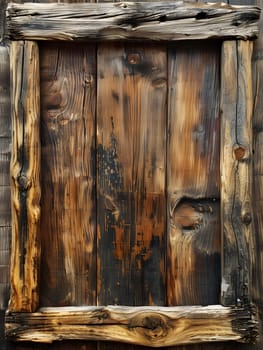 A brown rectangular hardwood door with a wooden frame. The door is made of wood planks and has a wood stain finish. This art piece is a sturdy addition to any building