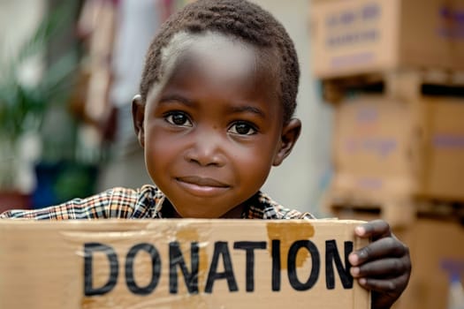 A young black boy is holding a box that says "donation" on it. ai generative.